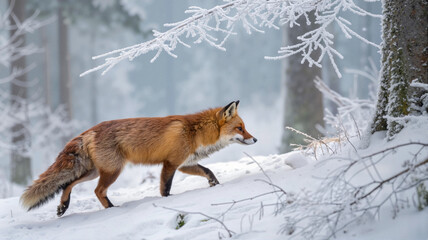 Fototapeta premium Red fox walking through snowy forest in winter 