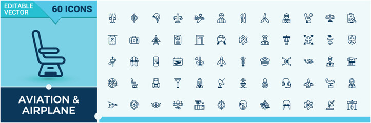 Aviation line icon collections. Related to activities, air travel, airline, airport, aircraft, airplane,  and more. Minimalistic web and UI icons. Editable stroke. Vector illustration.