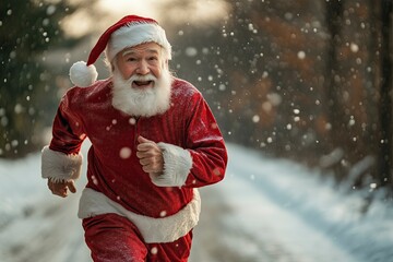 Fototapeta premium Funny Senior man in santa claus clothes, running marathon, snowy background