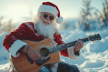 Funny Senior man in santa claus clothes plays on his guitar on snowy background,
