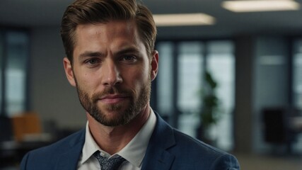 Fototapeta premium Photo of 30 years old american man on cinematic blurry office background, corporate businessman