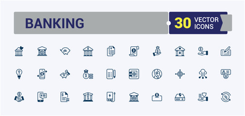 Bank icons set in line style. Contains such icons as credit, bank, business, chart, loan and more. Minimal linear icons. Vector icons editable stroke.