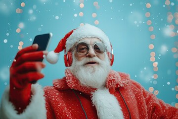 Funny Senior man in santa claus clothes and headphones is dancing to music played on his phone
