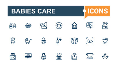 Babies Care icon set. Contains such icons as baby essentials, bath time, baby bath, girl, rocking and more. Vector illustration in modern line style.