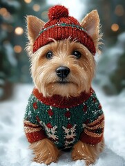 Scene featuring a Tenterfield Terrier dog sitting on snow, dressed in a cozy red and green holiday sweater 
