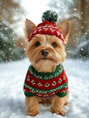Scene featuring a Tenterfield Terrier dog sitting on snow, dressed in a cozy red and green holiday sweater and a festive pom-pom hat