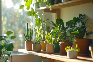 Lush indoor garden showcasing various potted plants on a sunny windowsill in a cozy living space during the afternoon