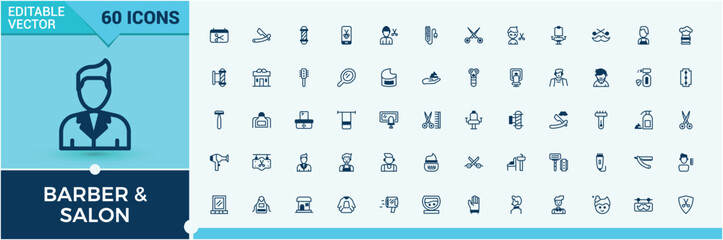 Set of Barber line icons. Contains related to hair, dresser, salon, scissor, hairdresser, blade, razor and more. Outline icon collections. Editable vector icon and illustration.