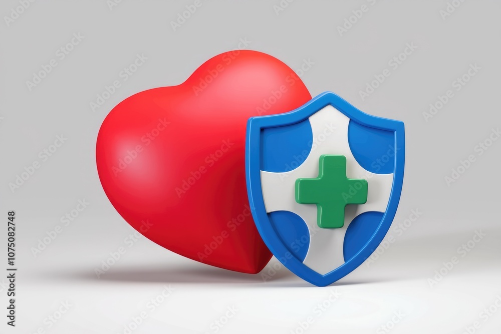 Poster a red heart is protected by a blue shield with a green cross.