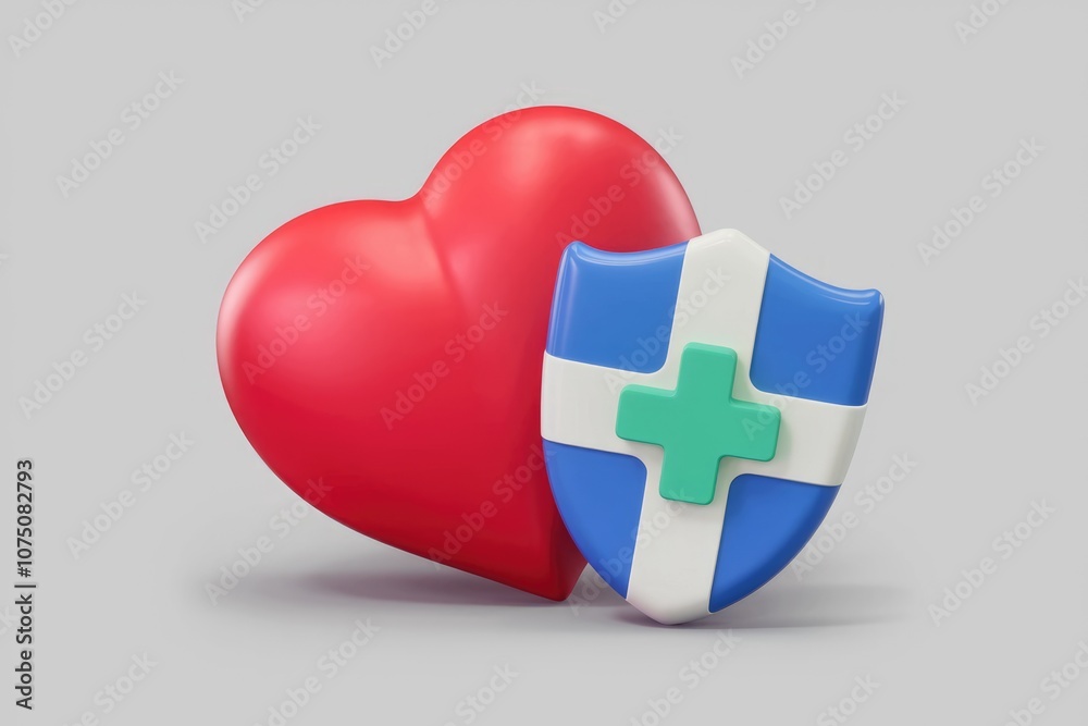 Poster A red heart protected by a blue shield with a green cross.