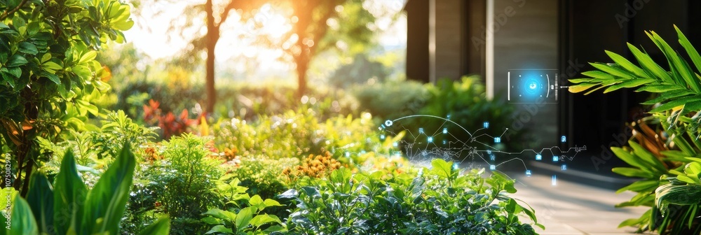Poster This lush garden showcases advanced technology with automated sprinklers and soil sensors, thriving in warm sunlight. Generative AI
