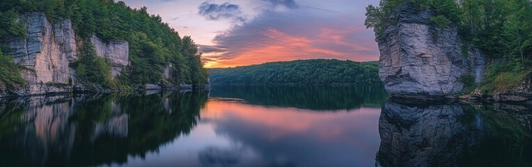 Fototapeta premium A serene panorama of tranquil waters reflecting the sunset at a beautiful river valley surrounded by steep cliffs and lush trees