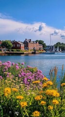 Fototapeta premium Charming waterfront town bathed in sunlight with vibrant flowers and sailboats on a clear day