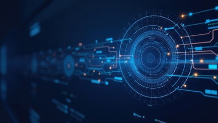 Fototapeta premium Abstract futuristic digital interface with circular HUD elements on a dark background. High-tech, cybersecurity, artificial intelligence-themed visuals, copy space for design or wallpaper applications