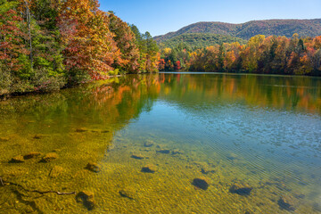 The Indian Boundary Lake in autumn, with vibrant red, yellow, orange, and green trees along the shoreline and reflected in the water. The Unicoi mountains are in the background. Horizontal
