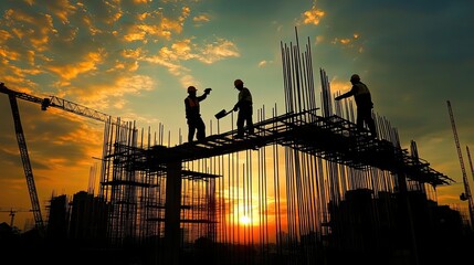 Construction Workers Silhouetted Against a Sunset Sky