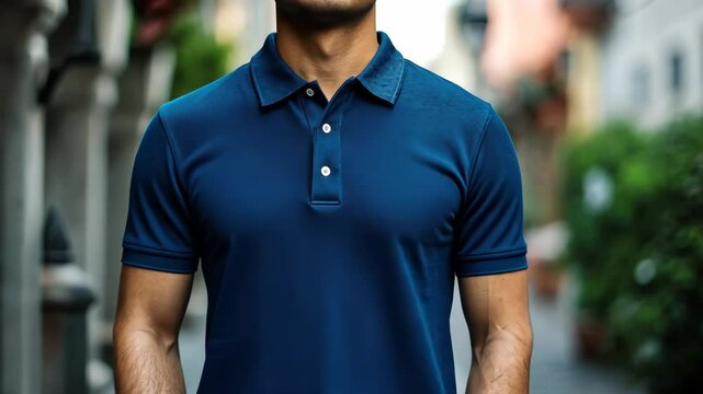 A man is wearing a blue polo shirt in a city setting
