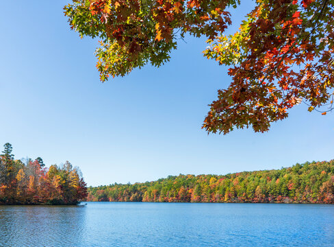 Indian Boundary Lake in autumn, with vibrant red, yellow, orange, and green trees along the shoreline of the blue water. Branches of colorful oak trees sweep into the frame from above. Horizontal