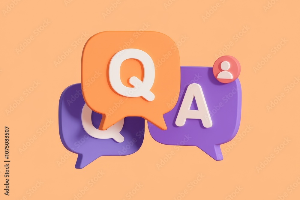 Poster 3D illustration of Q&A speech bubbles  representing questions and answers.