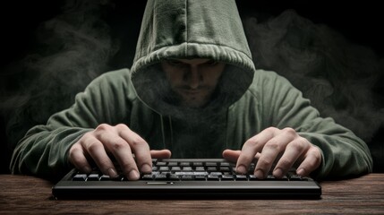 Person in hoodie typing on keyboard, focus, productivity, and digital work in the modern era