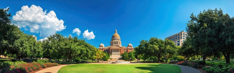 A vibrant panorama of Oklahoma State's capital building surrounded by lush greenery and blue skies on a sunny day