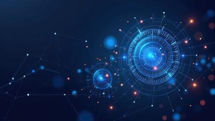 Obraz premium Abstract futuristic digital interface with circular HUD elements on a dark background. High-tech, cybersecurity, artificial intelligence-themed visuals, copy space for design or wallpaper applications