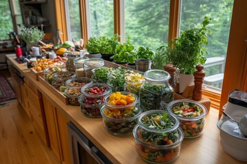 Fototapeta premium Colorful collection of fresh vegetables and herbs in glass jars on a wooden countertop in a bright kitchen during daytime