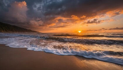 Fototapeta premium Dramatic sunset view from beach, perfect moment, serene ocean, vibrant colors, peaceful landscape, nature beauty