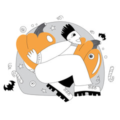 Vector illustration in doodle and flat style on Halloween theme in purple and orange shades. Man in witch hat and with pumpkin. Illustration on Halloween theme.