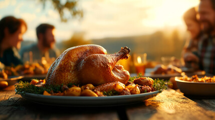 A beautifully roasted turkey centerpiece surrounded by delicious side dishes on a rustic wooden table with friends enjoying a sunset feast in the background