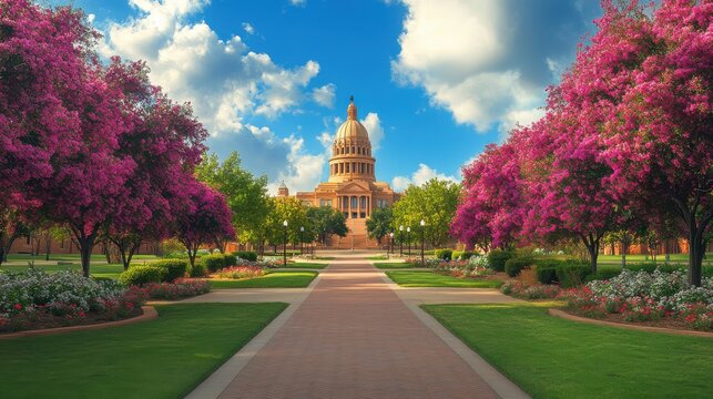 Fototapeta A vibrant Oklahoma landscape showcasing flowering trees and the state's capital building under a bright sky