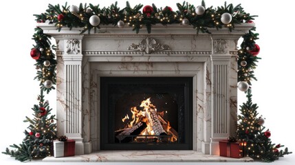 A Christmas fireplace with a roaring fire, decorated with garlands and lights, isolated on white