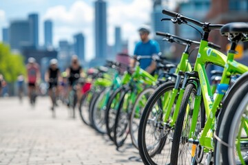 A vibrant day of cycling in an urban park featuring a row of green bikes and riders enjoying the sunny cityscape in the background
