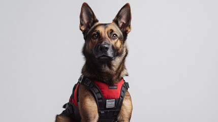 Obraz premium Majestic German Shepherd Dog in Red and Black Harness: A Studio Portrait