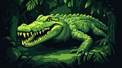 Fototapeta premium Green Crocodile Lurking in a Dark Jungle Setting
