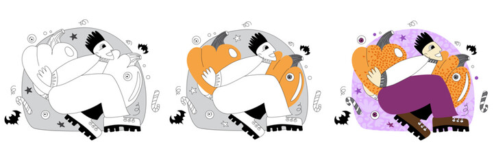 Vector illustration in doodle and flat style on Halloween theme in purple and orange shades. Man in witch hat and with pumpkin. Illustration on Halloween theme.