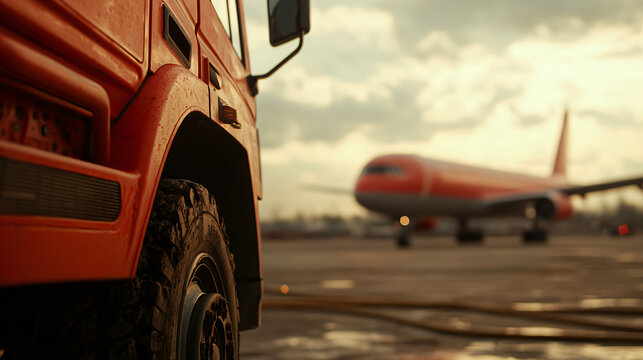 orange vehicle near airplane on runway during sunset