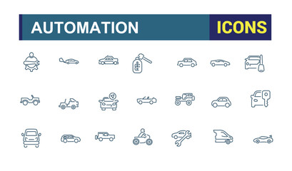 car and automation icons in linear style. Contains such icons as data, service, robo, lot, business, drive, on and more. Thin outline icons pack. Editable stroke. Vector illustration.