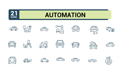 car and automation icons in linear style. Contains such icons as data, service, robo, lot, business, drive, on and more. Thin outline icons pack. Editable stroke. Vector illustration.