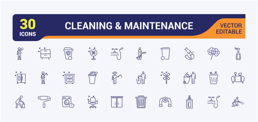 Set of Cleaning And Maintenance line icons. Contains such icons as vacuum, business, men, scrubbing, hand, wash, sponge, spray. Outline icons pack. Vector outline icons collection.