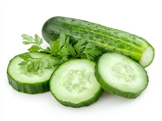 Fresh cucumber slices on a white background with green leaves, ideal for healthy recipes and food photography.