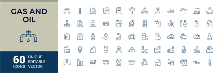Naklejka premium Gas and oil icons set in line style. Featuring energy, petroleum, production, refinery, storage, chemical, oil and more. Simple icon designs.