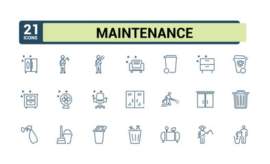 Set of Cleaning And Maintenance line icons. Contains such icons as vacuum, business, men, scrubbing, hand, wash, sponge, spray. Outline icons pack. Vector outline icons collection.