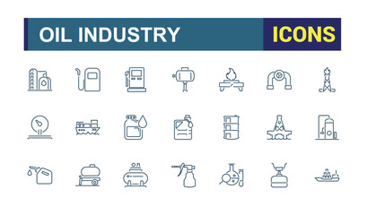 Gas and oil icons set in line style. Featuring energy, petroleum, production, refinery, storage, chemical, oil and more. Simple icon designs.