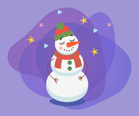 Cute snowman cartoon character vector illustration. Happy comic snowman in hat and scarf on abstract purple background. Winter, holidays concept