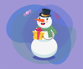 Cute snowman cartoon character with present vector illustration. Happy comic snowman in hat and scarf holding gift box on abstract purple background. Winter, holidays concept