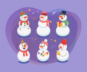 Cute snowman cartoon characters vector illustrations set. Happy comic snowmen in hats and scarves, gift box, New Year or Christmas decorations isolated on blue background. Winter, holidays concept