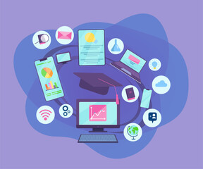 Digital learning tools for students vector illustration. Laptop, computer, smartphone, tablet with documents and infographics on screen for online studying. Education, e-learning concept