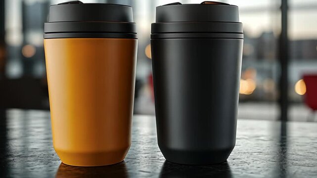 Two travel mugs sit on a table in a cafe