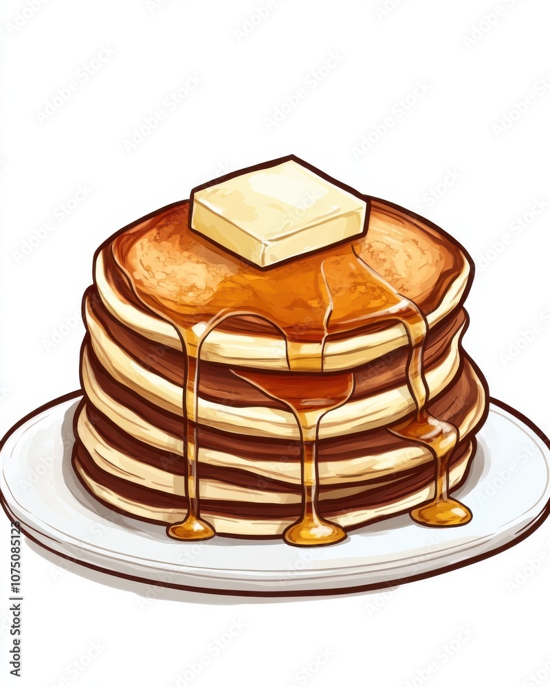 Poster a stack of fluffy pancakes drizzled with syrup and topped with a pat of butter on a white plate, per